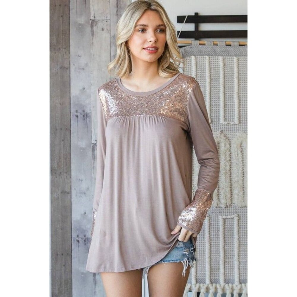 Veveret - Women's Top - Round Neck Rayon Top Contrast Sequin - Picture 1 of 1